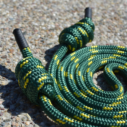 14mm flow rope in vibrant green and yellow double-braided polyester for rope flow mobility and coordination training. hand Tied Knots. Aussie boxing kangaroo colours
